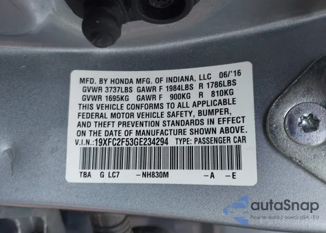 2016 Honda Civic Lx из США, поврежденный, VIN 19XFC2F53GE234294